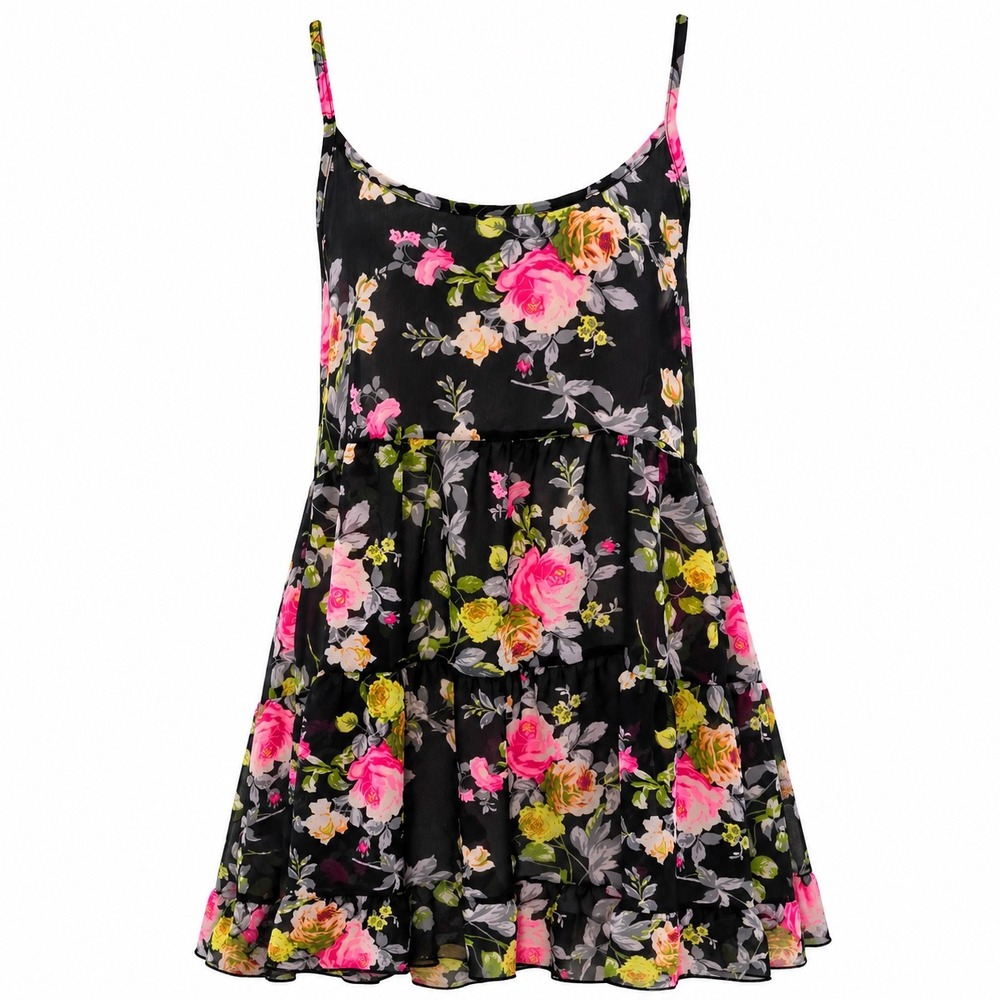 Poetry Black Pink Floral Chiffon Tiered Mini Dress Y2K Whimsigoth Fairy Grunge S - Picture 8 of 14